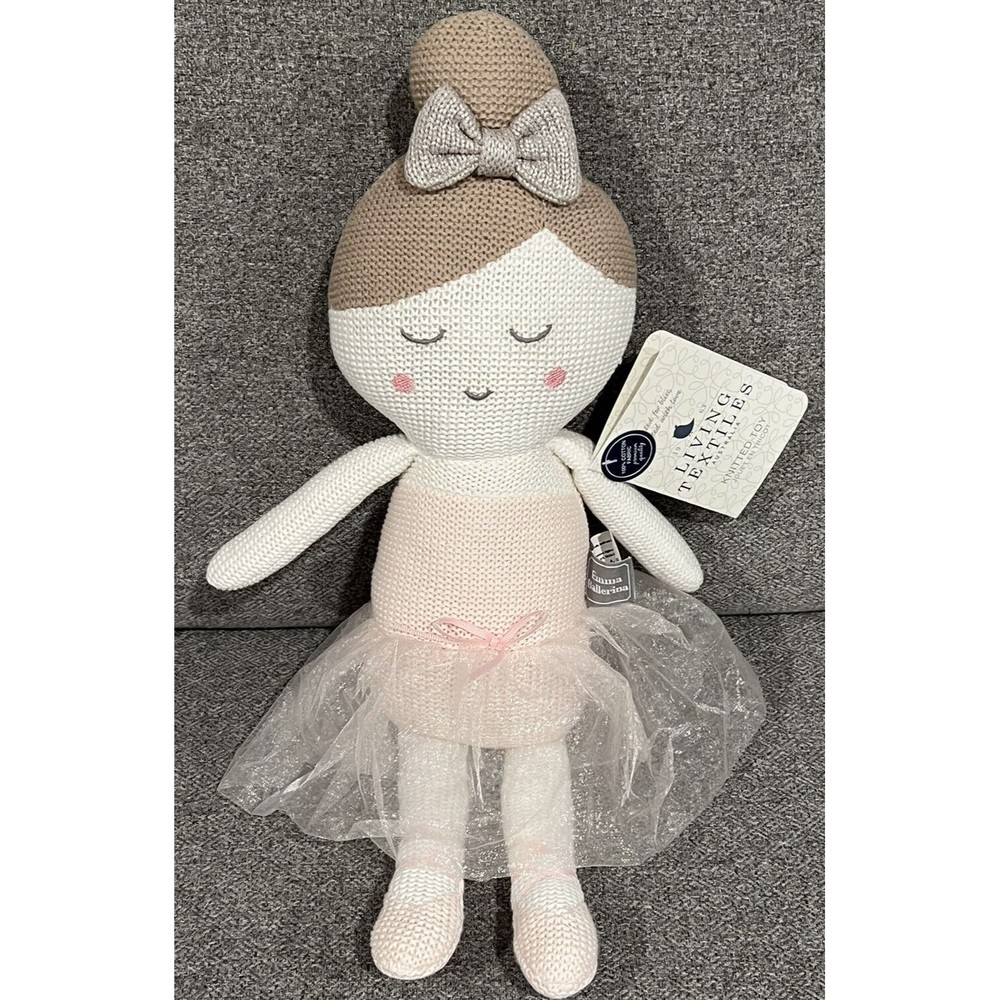 Living Textiles Emma Ballerina 16” Doll Cotton Fabric Knitted Toy Rattle Pink